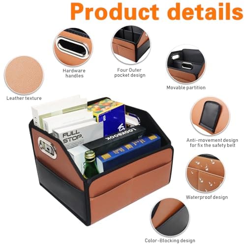 Noaman Car Organiser - 2025 Upgraded Leather Car Storage Organiser for Front Back Seat or Floor with 3 Metal Handles 6 Apartments, Multipurpose Car Caddy Organisers and Storage (Brown) — view 2