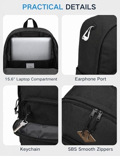Kasgo 17.8L Lightweight School Backpack for Teens & Adults, Black — view 6