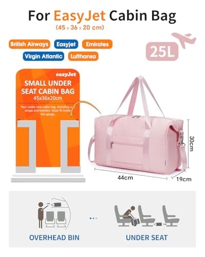Narwey for Easyjet Cabin Bag 45x36x20 New Easyjet Underseat Foldable Hospital Bag Weekend Overnight Bags for Women Travel Duffel Carry on Luggage for Men 25L (Pink) — view 2