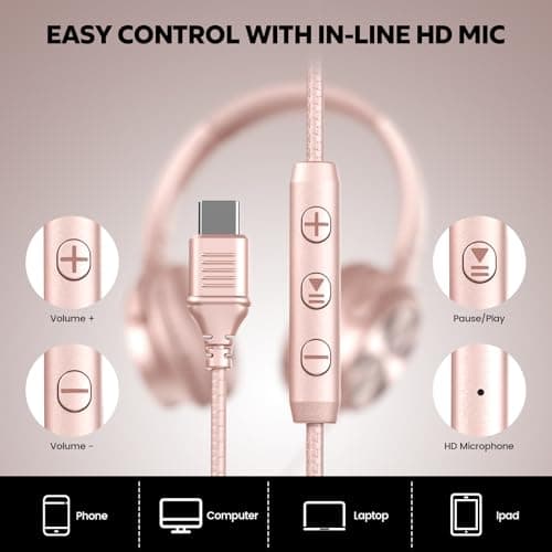 Cowyawn USB C Headphones Wired, Over Ear Headphones with Microphone, Volume Control, HD Stereo Sound, Foldable Lightweight Headphones for Adult/Teens/Chromebooks/Laptop/Computer/Tablets/Travel (Rose) — view 5
