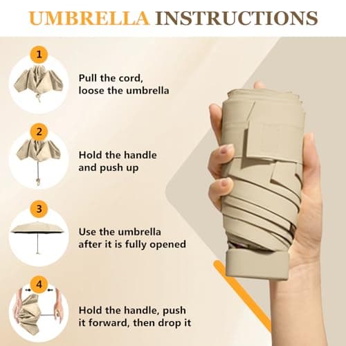 Mini Folding Travel Umbrella, Windproof Strong, UV Protection, 6 Ribs, Pocket Umbrella with Capsule Case for Women, Men, Girls-Beige — view 6