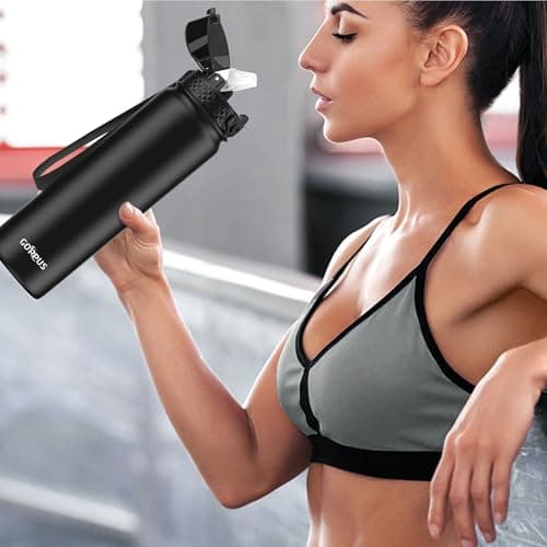 GOPPUS 1L/32oz Stainless Water Bottle with Straw Double Wall Insulated Bottles with Strap Reusable Vacuum Thermal Flask Leakproof Keep Cold Drinks Bottles with Flip Top Lid BPA Free (Black) — view 6