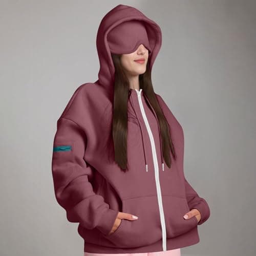 AMhomely Women's Hoodies Travel Hoodie with Eye Mask Built in Ladies Plain Zip Up Hoodie Womens Fleece Hooded Top Long Sleeves Front Pockets Soft Stretchable Comfortable Plus Sizes Wine — view 3