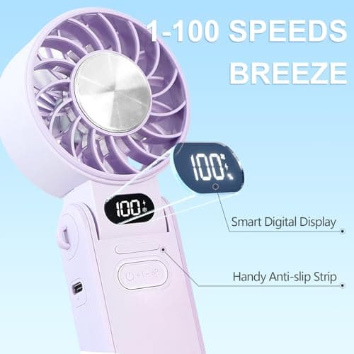 Handheld Fan with Ice Cooler, Portable Mini Fan Rechargeable Battery Operated, 5 Gear Turbo Fan Led Display, Up to 15H Cooling, Foldable Personal Hand Fans for Travel/Commuting/Office/Home (Purple) — view 5