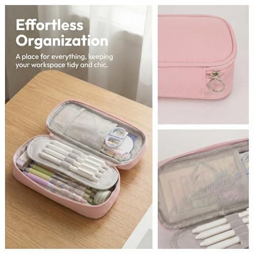 Pencil Case with Compartments, Cute Pink Pencil Case for Kids Girls Boys, Durable Stationery Supplies for School Students, Secondary School Teens, Large Pencilcase Big Capacity with Office & Travel — view 2