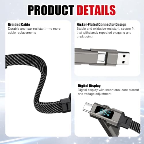 Haefan 4-in-1 USB Charging Cable Keychain, 65W Fast Charge with LED Display — view 5