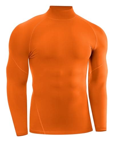 Runhit Orange Compression Shirt Men Long Sleeve Turtleneck, Quick Dry Running Base Layer Top Breathable Mesh Muscle Fit Tshirt for Cycling Fishing Workout Training M