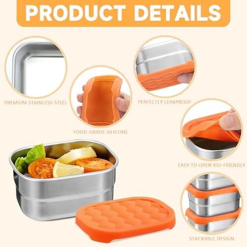 6 Pack 304 Stainless Steel Snack Containers, 250 ml Food Pots with Lids — view 3