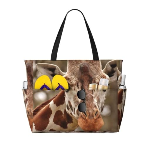 AACPPB Warm Rust Giraffe Printed Oversized Beach Tote, Multi-Pocket Travel Bag, Lightweight Waterproof Pool Handbag