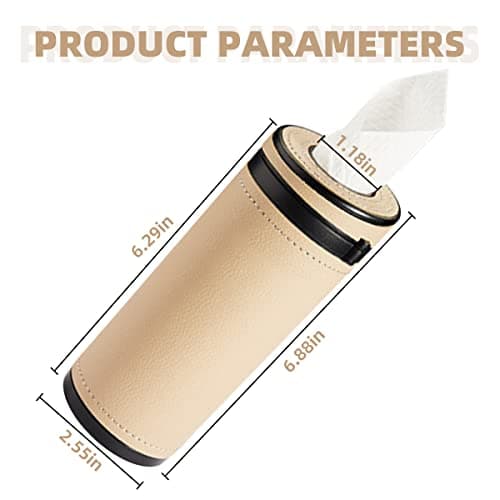 Moioee Car Tissue Holder, Cylinder Tissue Box with Window Breaker, PU Leather Round Tissues Container for Auto Cup Holder, Travel Facial Tissues Organizer for All Vehicles (Beige) — view 2
