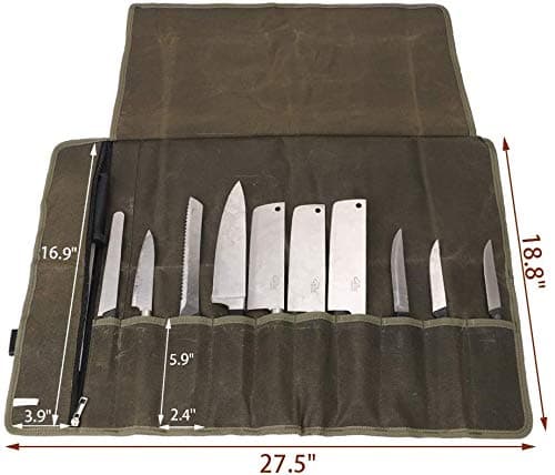 QEES Chefs Knife Roll Bag 11 Slots, Heavy Duty Waxed Canvas Knife Bag, Waterproof Knife Case for Camping, Hiking, Multi-function Tool Roll Bag (Army green) — view 2