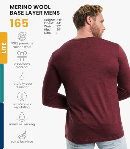 100% Merino Wool Base Layer Men - Long Sleeve Thermal Shirt + Hiking Socks (Large, 165 Burgundy) — view 2