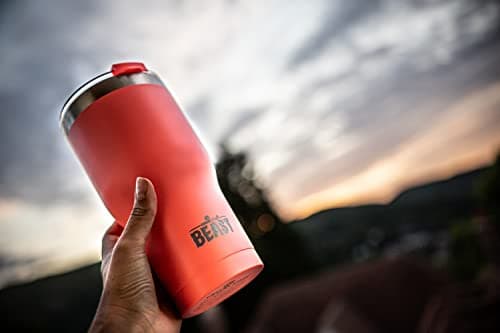 Beast Tumbler - 550 ml (20 oz), Coral Pink | Reusable Stainless Steel, Vacuum Insulated Cup | with + 2 Straws & Cleaning Brush | Double Wall Travel Flask Perfect for Hot or Iced Coffee — view 4