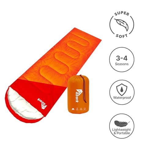 azark Premium Lightweight Sleeping Bag for Adults & Kids, 400 GSM, 4 Season Waterproof Sleeping Bag, Comfortable & Portable, Machine Washable, Camping & Hiking Essential (Orange/Red) — view 3