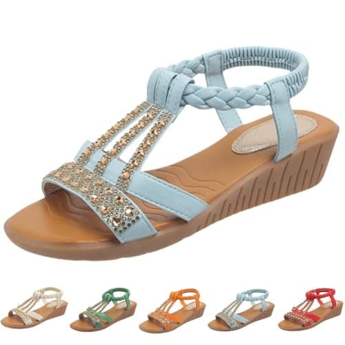 DFSDJEUW clearance today Womens Sandals Wide Fit Comfortable Slip on Wedge Shoes Casual Open Toe Orthopedic Slide Lightweight Summer Cushion Plantar Fasciitis summer sandals women size 7 Light Blue 7 — view 4