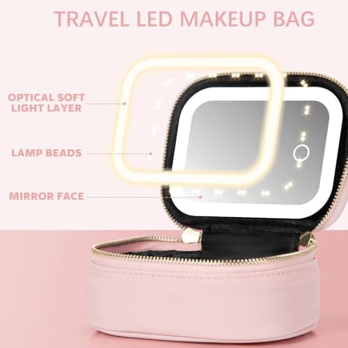 STORICANS Makeup Bag with Mirror, Travel Makeup Organiser Case with Mirror and Light, Mini Cosmetic Organizer, 3 Levels Brightness Adjustable, Portable Artist Storage for Women (Pink) — view 2