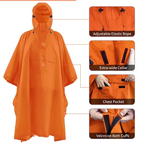 ElifeAcc Waterproof Poncho Adult Rain Poncho with Hood Lightweight & Reusable Windproof Buckles Multifunctional Cape for Outdoor Activities (Lightweight-Orange) — view 5