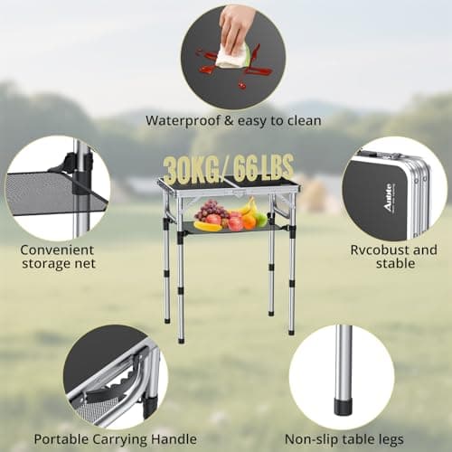 Anbte Folding Camping Table with Storage Net, 3 Adjustable Heights Aluminum Picnic Table, 2ft Portable Table Waterproof Lightweight, for Outdoor Indoor Garden Beach Backyard, 60cm x 40cm, black — view 4