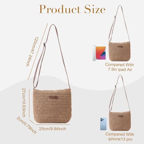 Businey Straw Bag for Women, Summer Straw Beach Crossbody Bags for Women with Zipper Adjustable Strap, Bohemian Weave Handmade Shoulder Handbags for Holiday Beach Travel — view 3