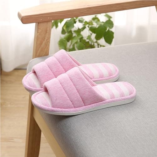 Home Slippers for Women Memory Foam Soft Cotton Indoor House Shoes Open Toe Slip on Stripe Slides Travel Hotel Spa Bedroom Slippers — view 2