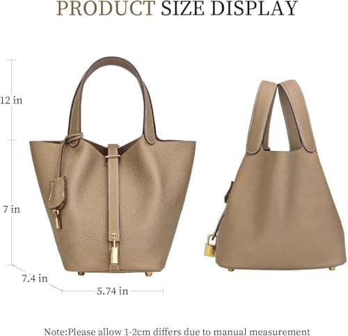Ladies Handbag - Bucket Bag,Vegetable Basket Shoulder Bag for Travel,Commuter & Student Genuine Leather Design Bucket Bag,Fashionable and Versatile Shoulder Handle Bags Bucket Bags for Women (Grey) — view 6