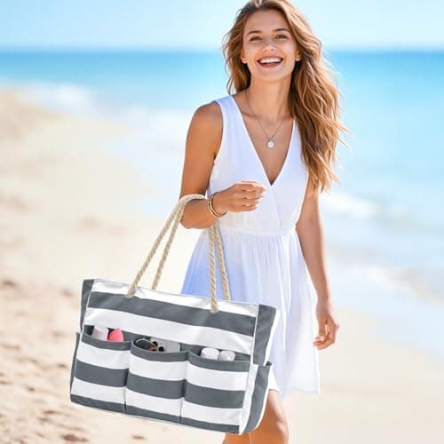 oscaurt Extra Large Beach Tote Bag with Zip and Rope Waterproof Handbags for Women 7 Pockets Shoulder Gym Bag Summer Holiday Essentials Gifts for Women Picnics Short Trips Study Saunas — view 3
