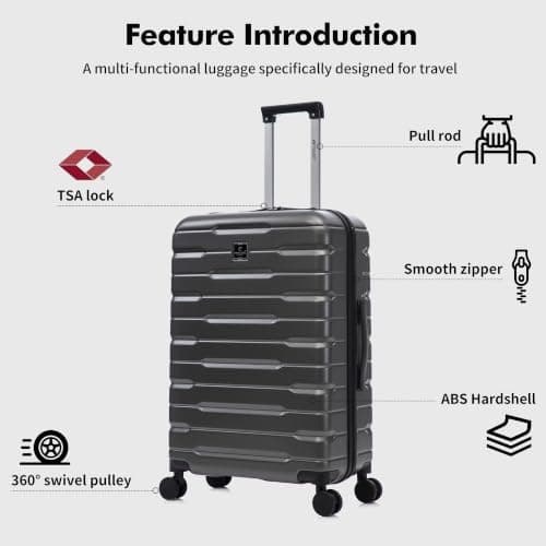 Rocklands London Suitcase Medium 25 Inch Hard Shell Lightweight Checked Luggage with 360° Rubber Spinner Wheels Durable Travel Case Telescopic Handle, TSA Lock (Grey) — view 3
