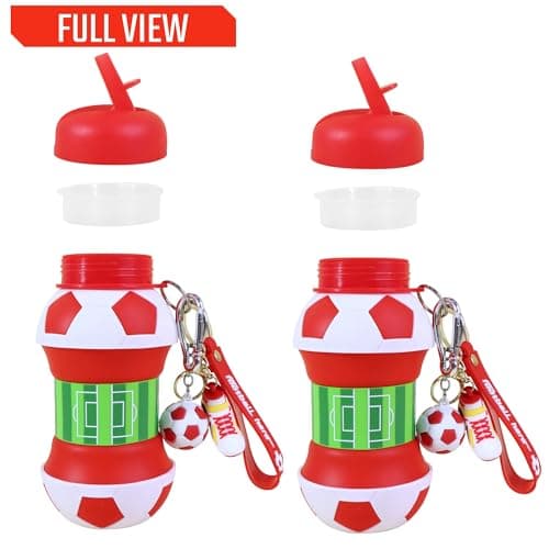 RIXOZ Red & White Football Collapsible Water Bottle - 550ml Silicone Bottle With Football, Footi Boot Keyring & Carry Strap — view 4