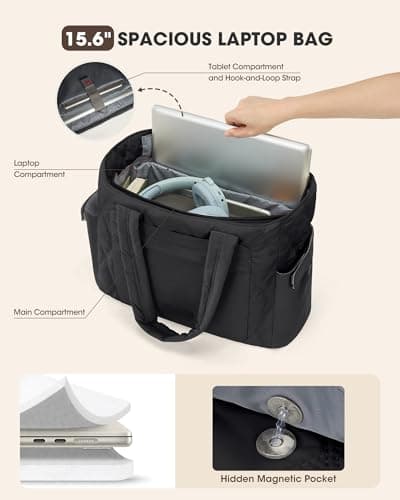 RAINSMORE 15.6 Inch Puffer Laptop Tote Bag for Women Large Quilted Cloud Bag with 15 Pockets and Luggage Sleeve Lightweight Water-Resistant Work Handbag for Teacher, Travel, Gym, School Black — view 3