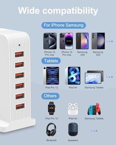 LEENFAER USB Charger 6 Port 50W Multi USB Tower Charging Station for iPhone 15/15 Pro/15 Pro Max/iPhone 14/14 Pro/14 Pro Max/13 Pro/13 Pro Max/Android/Samsung/iPad,etc (white) — view 2