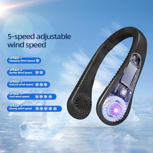 Jsdoin Portable Neck Fan, Neck Fans USB Rechargeable, 5 Speed Hanging Bladeless Fan,360 Degrees Airflow Neck Fans for Men Women Rechargeable (Black) — view 4
