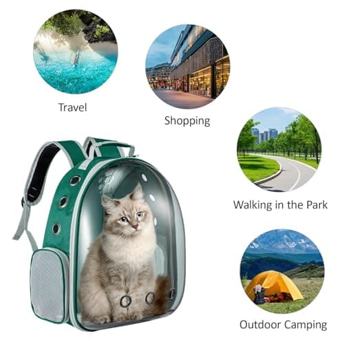 LN COZY CORNER Transparent Bubble Cat Backpack –Space Capsule Pet Carrier Backpack with Hard‑Shell Dome, Breathable Mesh & Padded Straps – Hands‑Free Travel Cat Bag Carrier (Green) — view 4