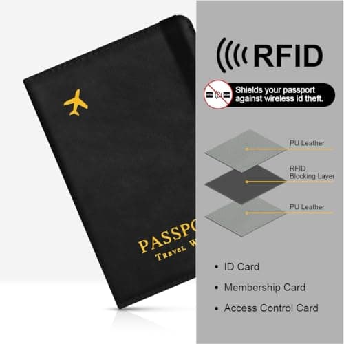 AOOSU Airtag Wallet Passport Holder Cover, PU Leather Passport Cover with RFID Blocking Travel Wallet, Portable Universal Travel Wallets Case Organiser for Money, Boarding Passes, Credit Cards Black — view 6