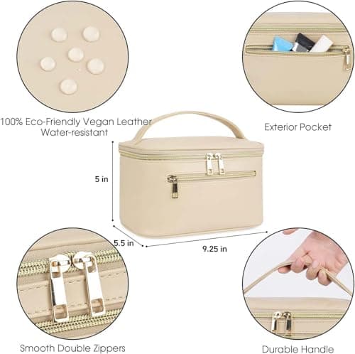 Travel Makeup Bag, Large PU Leather Cosmetic Case with Brush Compartment, Beige — view 5