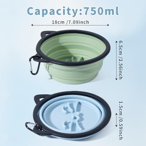 SLSON Silicone Collapsible Dog Bowl, 2 Pack Portable Dog Travel Bowl, Cute Cat Pattern Pet Feeding Bowl 750ml Large Foldable Food & Water Bowl with Carabiner (Blue+Green) — view 2