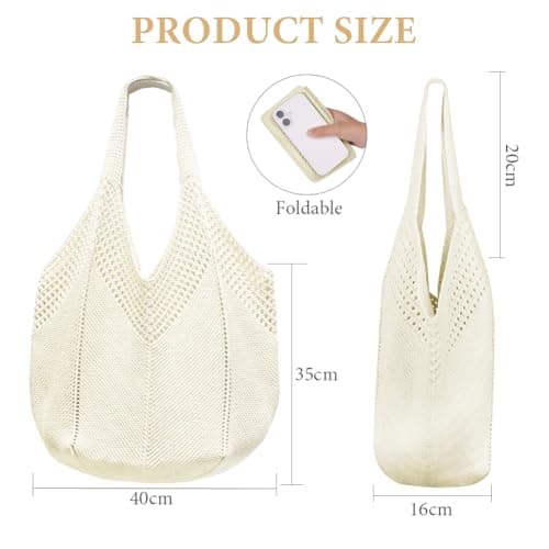 Aucuu Women Knitted Handbags, Retro Hollow Woven Shoulder Bags, Boho Shoulder Bag, Crochet Mesh Tote Bag, Beach Bag for Women, Travel Shopping Handbag for Holiday, Daily Work, Shopping, Travel-White — view 3