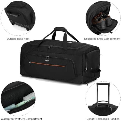 TONRUYN 85L Travel Duffle Bag with Wheels and Telescopic Handle Large Wheeled Holdall for Travel Rolling Duffel Bags 29'' Soft Trolley Luggage with Shoe Compartment & Wet Pocket, Black — view 4