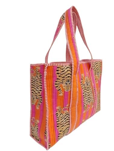 Handmade Tiger Print Quilted Cotton Tote Bag for Women, Boho Shoulder Bag, Large Reusable Shopping Tote, Lightweight Travel Beach Everyday Bag (DN 10) — view 4