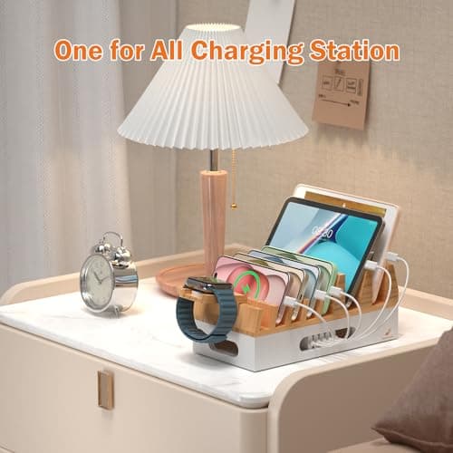 All In One Family Dock Station, Wooden Bamboo Charge Stand-Natural+White — view 5