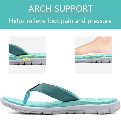 KuaiLu Flip Flops Women Leather Arch Support Summer Wide Fit Beach Pool Ladies Thong Sandals Yoga Memory Foam Cushion Slip On Shower Cloth Fabric Orthopedic Plantar Fasciitis Flipflops Turquoise 6 — view 3