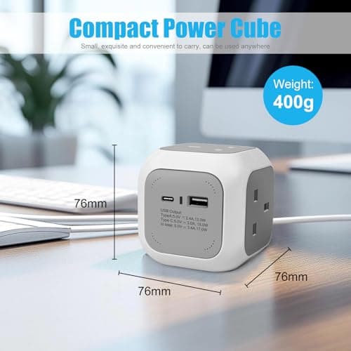 EXTRASTAR 4 Way Cube Extension Lead 1.5M, Power Cube Usb C 3120W, Cube Plug Extension with 2 Usb Ports(5V/3.4A) for Home Office Dorm and Travel - Grey — view 3