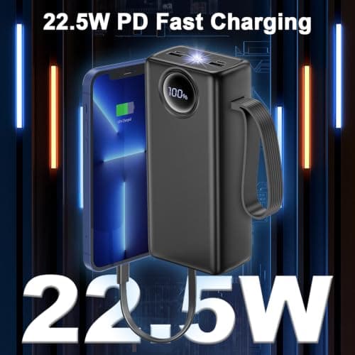 27,000mAh Power Bank with Built-in 4 Cables, 22.5W Fast Charging Portable Charger with Flashlight & LED Display, Charge 7 Devices Simultaneously, Heavy-Duty Battery Pack for Camping, Travel, Outages — view 2