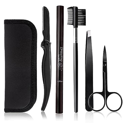 MUNSKT Eyebrow Grooming Kit, 5PCS Stainless Steel Set with Travel Case, Tweezers, Scissors, Eyebrow Pencil, Razor, Eyebrow Brush Comb, Thrush Template for Women Men