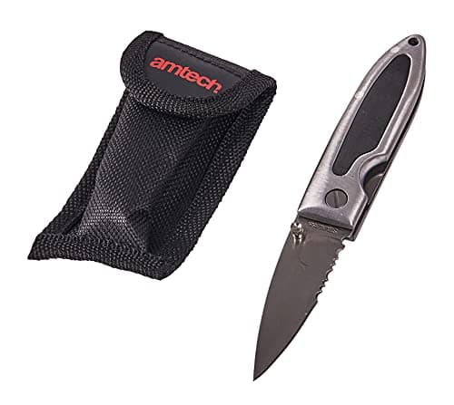 Amtech – 3" Lock Knife, Stainless Steel Part-Serrated Blade, Aluminium Body with Rubber Grip, Belt Clip & Pouch, Everyday Cutting Tasks, 3"