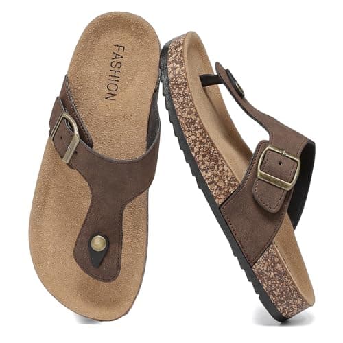 Foinledr Cork Footbed Sandals for Women & Men, Adjustable Buckle Flip Flops