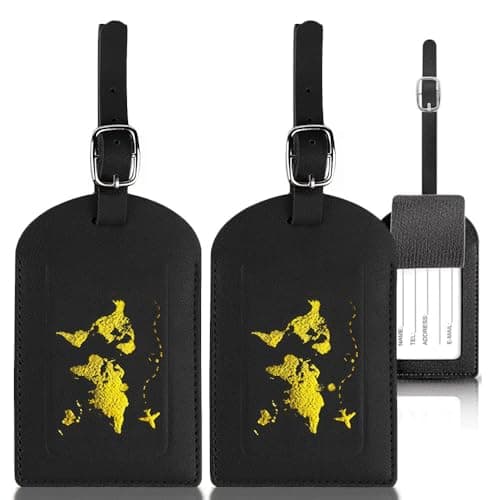 Aieino 2 Pack Luggage with Name ID Card Tags Black PU Leather Gold Pattern