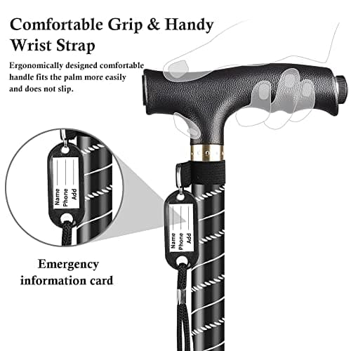 OOCOME Adjustable Walking Stick for Men Women Telescopic LED Walking Sticks Black Stand Adjustable Height 60cm-94cm Non-Slip Base — view 3