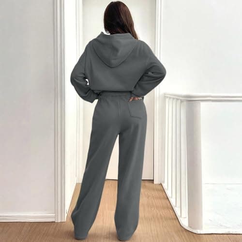 Tracksuit Womens Full Set Oversized 2 Piece Outfits Long Sleeve Hoodie and Sweatpants Women Lounge Wear Sets Fashion Sweatsuits Wide Leg Jogger Loose Loungewear Gym Fitness Activewear Set Dark Gray M — view 3