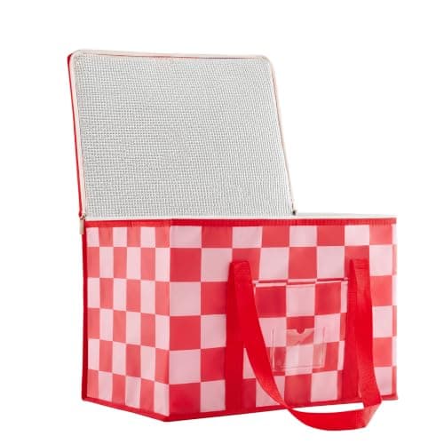 Ohocut Checkered Cooler Bag, Large 40L Foldable Insulated Grocery Shopping Bag, Checkerboard Cool Insulated Food Delivery Bag for Picnic, Camping, Travel (Double Pink)