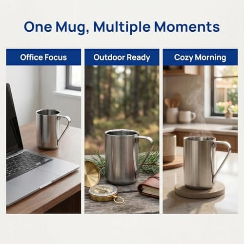 Focenat Set of 2 Stainless Steel Coffee Mugs, 300 ml Double Walled Insulated Cups with Handle, Metal Thermal Mug for Travel Home Office, Unbreakable Silver — view 5